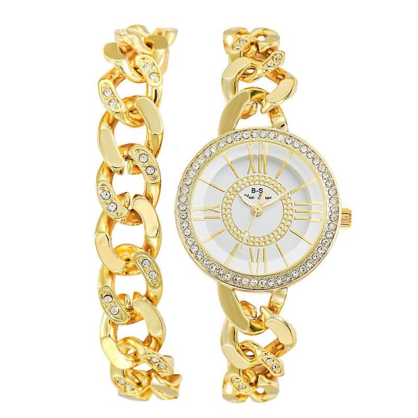 Lett luksus dameklokke romersk urskive Full Diamond Quartz Watch Mote Enkel dobbel kjedeklokke Gold