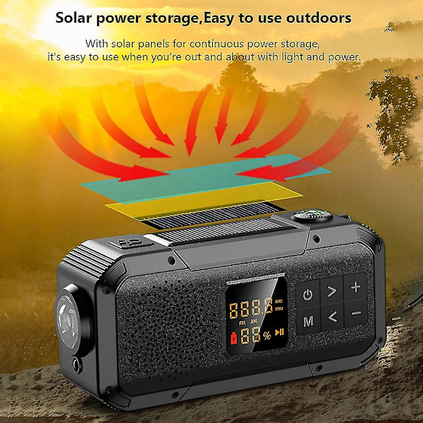 Nödradio för utomhuscamping, solenergi, vevdynamo, radio BT5.0/FM/AM/NOAA, 2000 mAh telefonladdare, Powerk ficklampa SOS BT5.0 Silver