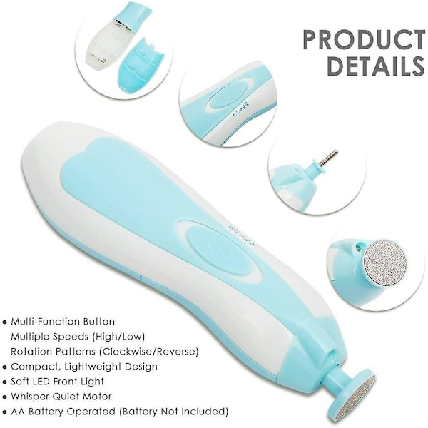 Elektrisk Baby Neglefil, Negleklipper Til Baby Med Lys, 10 Udskiftnings Puder Og 4 Hastighedsstyring