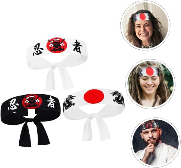 3 stk. Ninja Samurai Pannebånd for menn og kvinner, japanske Hachimaki Hodeplagg