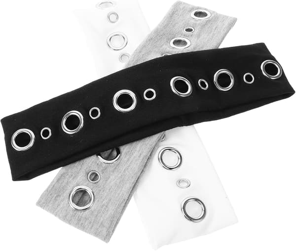 3 stk. pannebånd i punkstil, uthulet design med maljer, elastisk stoff for tøyelig passform, inkluderer rocktilbehør