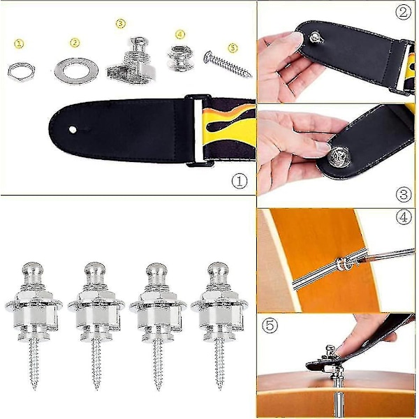 4 stk. Låser for Gitarstropper, Gitarstropp Låser, Gitarstropp Knapper, Gitarstropp Lås Knapper