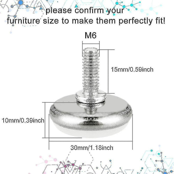 Möbelskruvfötter, 30-pack, Justerbara Möbelnivåer, M6x15mm, Möbelutjämning