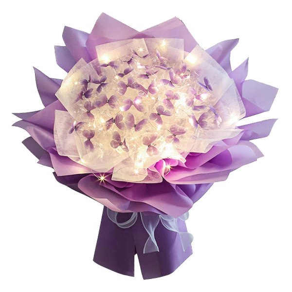 Hårbånd Nytt 52 stk sommerfugler Blomsterbukett gavesett med LED-lys Flotte gaveideer til Valentinsdag, bursdag, jubileum, forlovelse Purple