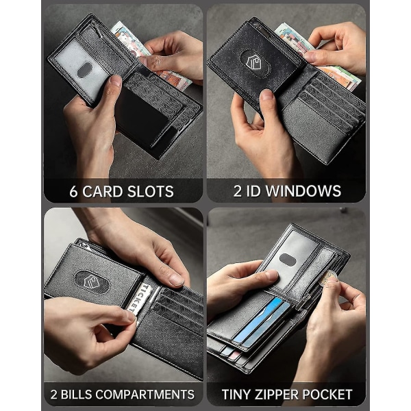 AirTag lompakko miehille - Bifold nahkainen lompakko Rfid-esto ID-ikkunalla ja vetoketjulla kolikkotasku setelilokero korttikotelo Lompakkolahja miehille (ilma