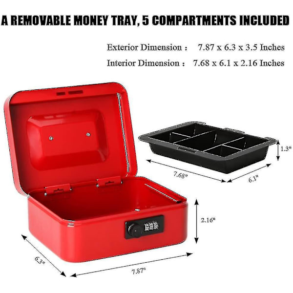 Lille pengeskab med kombinationslås Holdbar metal pengeskab med pengeskuffe Sort, 7,87 X 6,3 X 3,35 tommer - B-yuhao Red