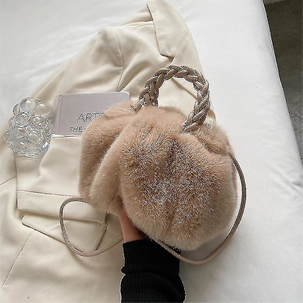 Damväska Vintertrend Designer Lyx Handväska Fluffig Tote Väska Vävd Bärhandtag Liten Mini Axelremsväska Khaki
