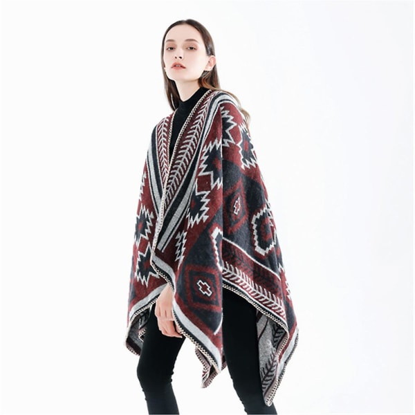 Vintertørklæde Wraps Poncho Kappe - Kvinders Varmt Åbent Foran Trykt Vendbar Overdimensioneret Tæppe Red wine