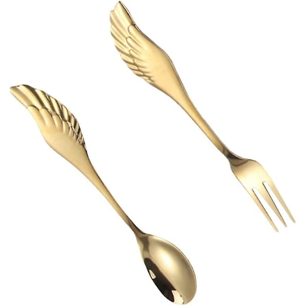 Sæt med gaffel og ske i rustfrit stål Kreative vinger Iste-ske Kaffe Dessert-ske Kagegaffel Forretgaffel Bestik (guld) (2 stk)