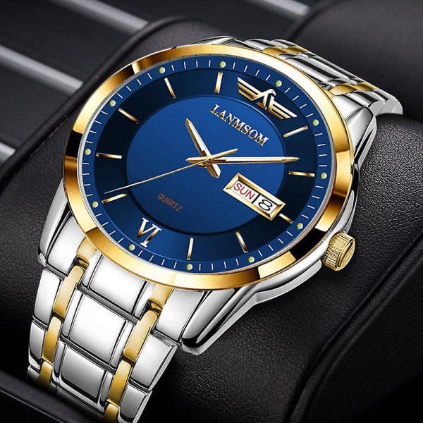 Ultratynd herre kvartsur kalender vandtæt armbåndsur herre Men's l622 blue bottom golden edge