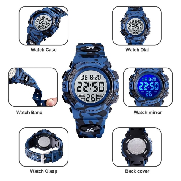 Digitalt ur til børn, Digital Sports 50m Vandtæt Led-ure Vækkeur Lysende armbåndsur Dark blue