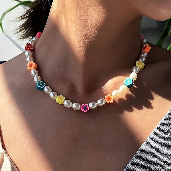 Boho Simulert Perle Kjede Halskjede Perlet med Fargerik Blomst Halskjede Lmell Gave