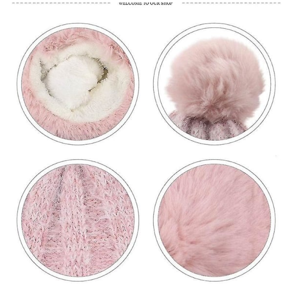 Dame Faux Fur Strikket Hat med Fleeceforing Vintervarm Ushanka Hat Beanie Skiskyttehue Pink