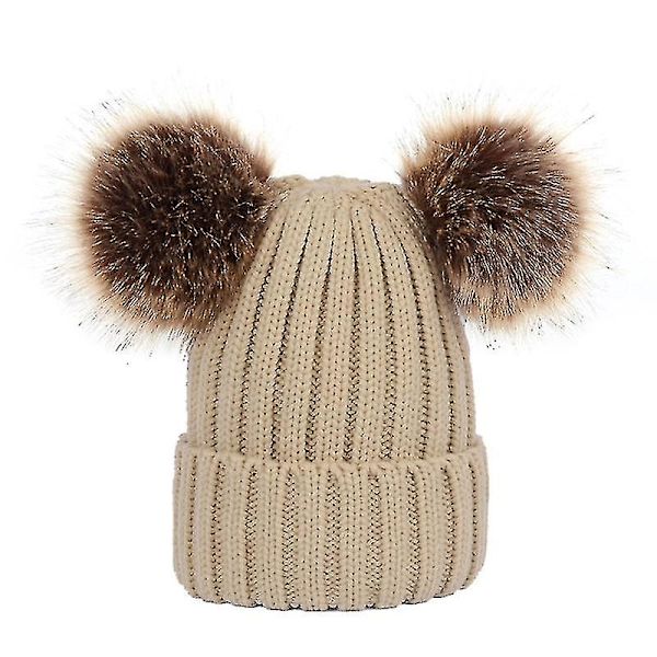 Vinterstrikket Beanie Hat med Dobbelt Pom Pom Ører til Kvinder og Piger