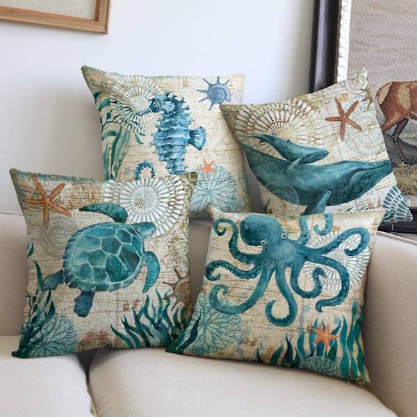 4 st Polyester Linne Kuddfodral med Havsdjurstryck 45x45cm
