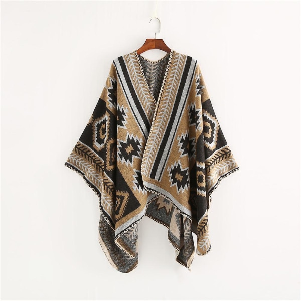 Vinter Sjal Wraps Poncho Kappe - Kvinners Varmt Åpent Foran Trykt Reversibel Overdimensjonert Teppe khaki