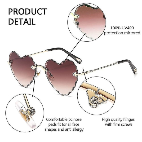 Hjertesolbriller Kantløs tynn metallramme Hjerteformede solbriller Søte briller for kvinner Brun (shikai)-yuhao