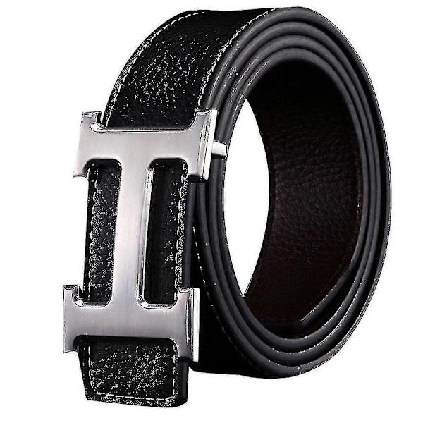 Ny Stil Business Fritid Ægte Pu Læder H Glat Spænde Litchi Korn Bælte Til Mænd Black   Silver