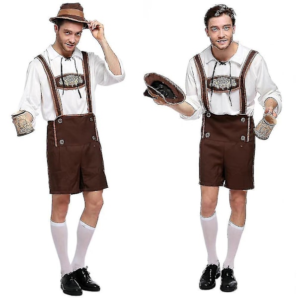 Tysk Oktoberfest Øl Mænd Bayerisk Lederhosen Skjorte Hat Sæt Fyren Festival Kostume 2XL