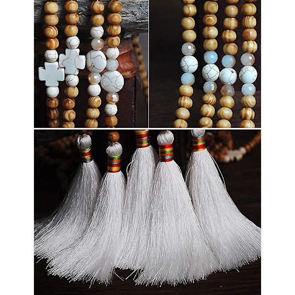 Boho Halsband för Kvinnor, Långt Träpärlhalsband med Turkos Tofs Present