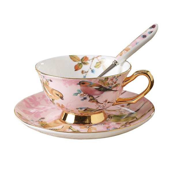 Cup Set, Bone China Teekuppi Kahvikuppi aamiaiseksi Kotikeittiö - Lintujen ja puiden kuviot (vaaleanpunainen)