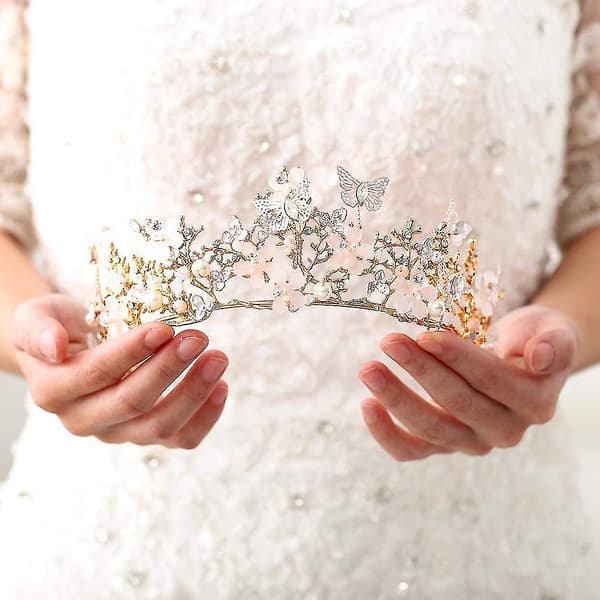 Barnens Dag Present Kristall Fjäril Bröllopskronor Guld Strass Tiaror Blomma Bröllopskronor An