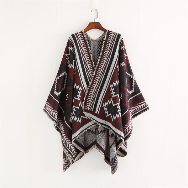 Vintertørklæde Wraps Poncho Kappe - Kvinders Varmt Åbent Foran Trykt Vendbar Overdimensioneret Tæppe Red wine
