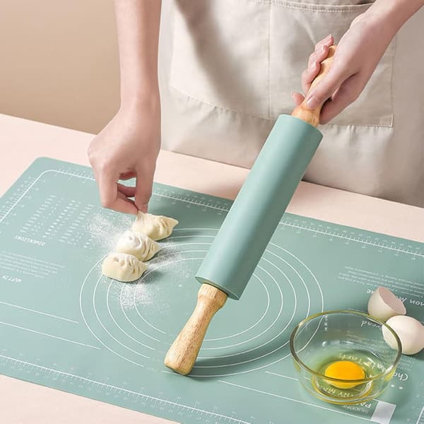 Non-stick bakematte i silikon med kjevle i tre, tilbehør til kjøkkenbaking