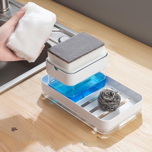 Såpedispenser til vask med synlig restmengde og svampholder, hvit PS- og ABS-materiale