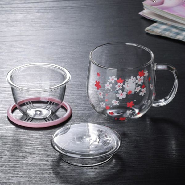 Sakura Mug Glass Mug Med Teinfuser Filterlokk Kirsebærblomster Koppesett Blomster Blomst Tekopp 300