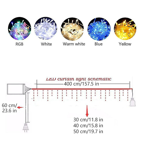 4m Lysstrenggardin med 96 LED-lys Isblink Varmt Hvid RGB