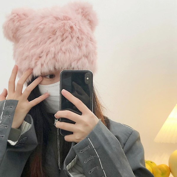 Plysjhatt med bjørneører, Pandahatt, Lille Djevelhatt, Søt og Morsom Beanie Pink