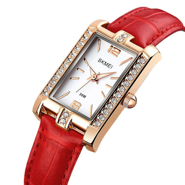 Personalisert All-match Rose Gold Diamant Kvinners Student Liten Kvadratisk Stålbelte Kvartsklokke Red-belt