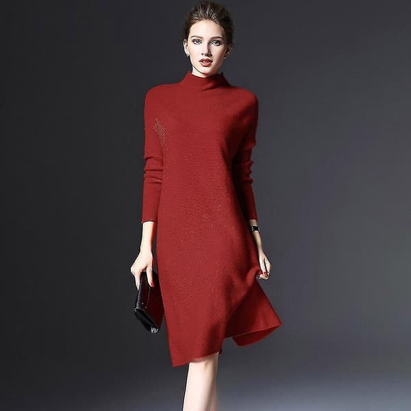 Kvinnors Turtleneck Solid Färgad Långärmad Stickad Klänning