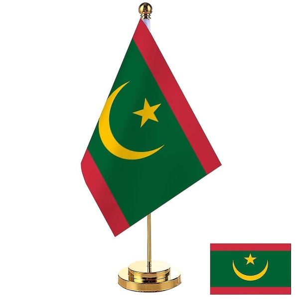 14x21cm Kontorpult Flagg til Mauritania Banner Styrerom Bordstativ stang Mauritansk nasjonalflaggsett Møteromsdekor Mauritania Gold