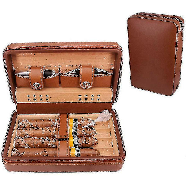 Læder Rejse Cigar Humidor Etui, Bærbar, Til 4 Cigarer
