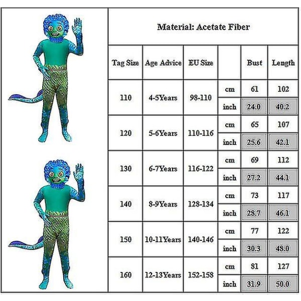 Sea Costume Luca Jumpsuit Bodysuit 3d Mask Outfit Kids Fancy Up Performance Costume 8-9 Years