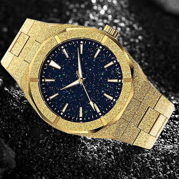 Vattentät Kvartsarmbandsur i Rostfritt Stål med Korund Stjärnhimmel Urtavla för Män Rose shell starry sky dial