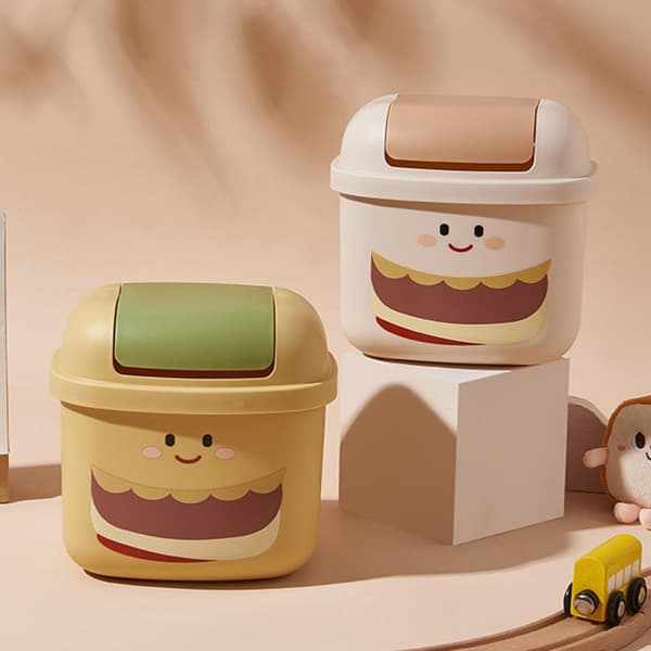 Mini søppelbøtte skrivebord søppelbøtte plassbesparende multifunksjonell plast søt hamburgerstil
