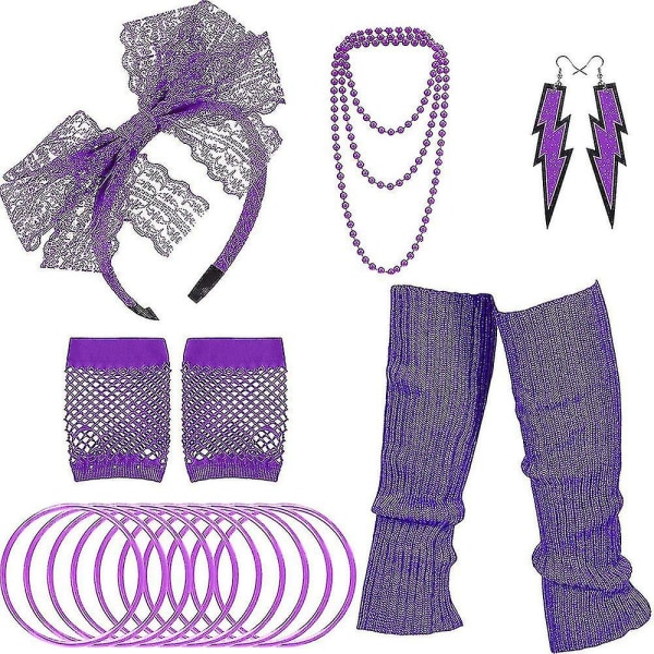 Kvinder 70'er 80'er Kostume Ben Fiskenet Handsker Pandebånd Øreringe Halskæde Armbånd Sæt Purple