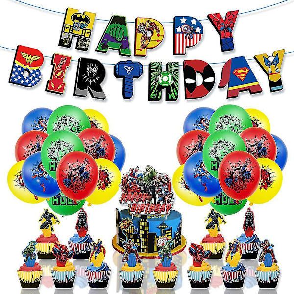 Avengers Superhjälte Tema Barnkalas Tillbehör Ballonger Banderoller Cupcakes Kak Toppers Set