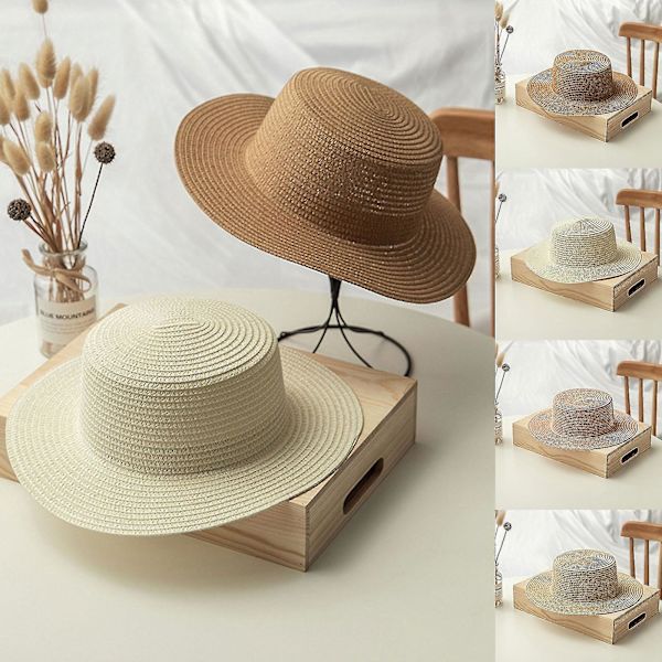 Solhatt i enfärgad färg för kvinnor, stor brätte, stråhatt, utomhus, strandhatt, sommarkeps Beige