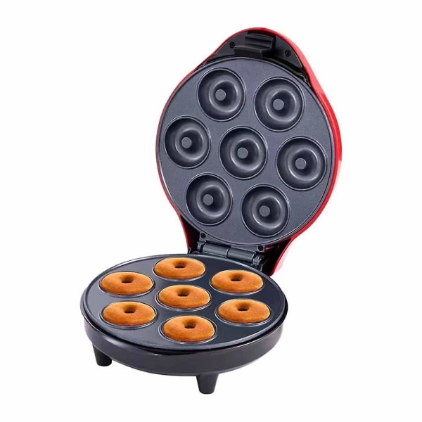 Mini Donut Maker Machine för barnvänlig frukost, snacks, desserter mer med non-stick yta, gör 7 munkar (röda)