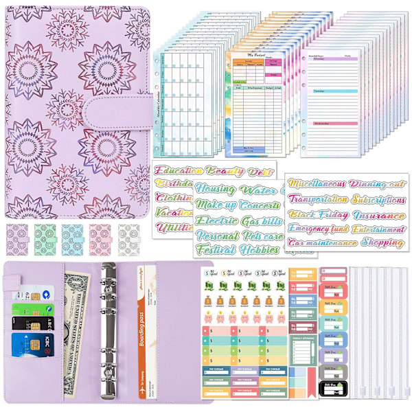 Budget Binder med Lynlåsekonvolutter, A9 Lommer Planner Pengekonvolutter Purple