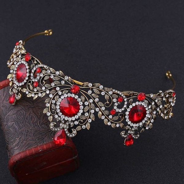 Kronkrystal Rhinestone Indlagt Tiara Retro Vintage Alloy Blad Tiara Pandebånd Bryllup Foto Props Brud Kvinde (rød)
