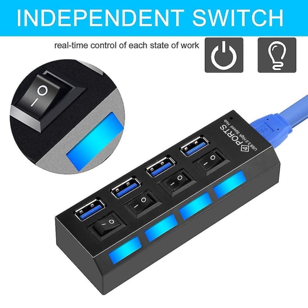 Kdq1 USB 3.0 Hub med 4 Porte, 5 Gbps, Til PC Bærbar, Tænd/Sluk-Knap, Sort