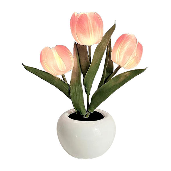 LED Natlampe Hjemmedekoration Med Keramik Vase Ornament Skrivebord Simulation Tulip Pink