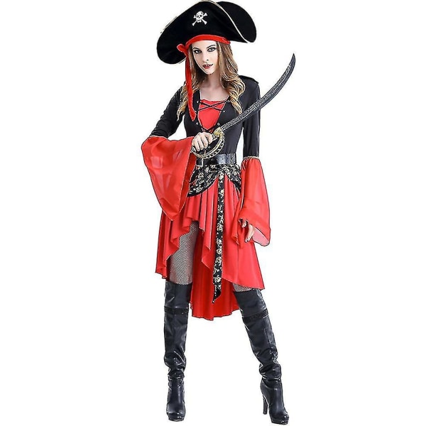 Pirate Caribbean Swashbuckler Buccaneer Kvinder Kostume Hat+kjole+bælte Outfits Sæt XL