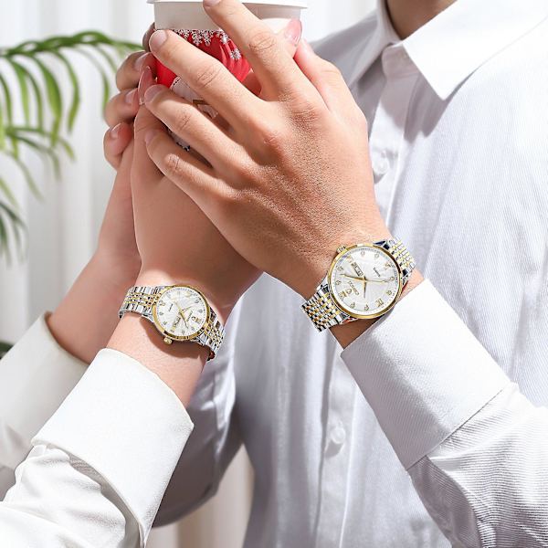 Dobbelt Kalender Ur Par Stålrem Ur Mænds Og Kvinders Kvarts Ur Med Diamant Women's gold face