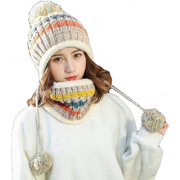 Naisten neulottu hattu huivi sopii lämpimiin ja paksuihin neulerulliin villavuorella Khaki